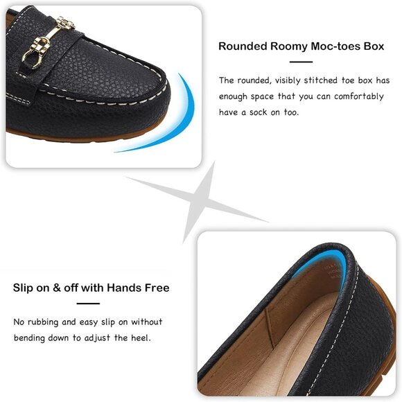 Kordal Women's Black Leather Gold Accent Buckle Slip-Ons Walking Flats Loafers - Picture 5 of 9